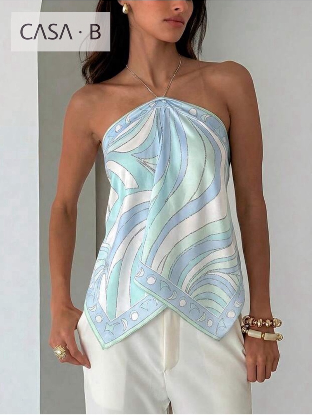 7/19💫CASA B| Amalfi Breeze Pastel Swirl Print Chain Halter Handkerchief Top